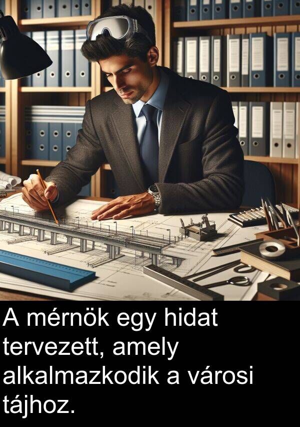 tájhoz: A mérnök egy hidat tervezett, amely alkalmazkodik a városi tájhoz.