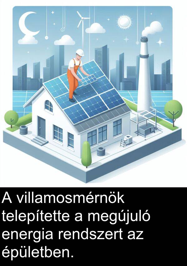 megújuló: A villamosmérnök telepítette a megújuló energia rendszert az épületben.