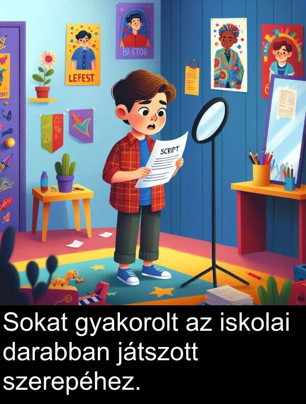 darabban: Sokat gyakorolt az iskolai darabban játszott szerepéhez.