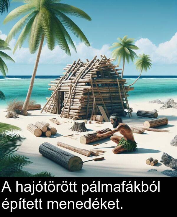 pálmafákból: A hajótörött pálmafákból épített menedéket.