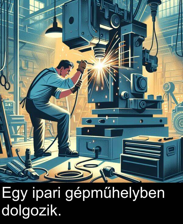 dolgozik: Egy ipari gépműhelyben dolgozik.