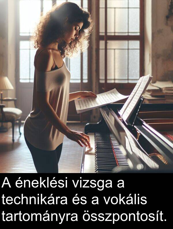 összpontosít: A éneklési vizsga a technikára és a vokális tartományra összpontosít.