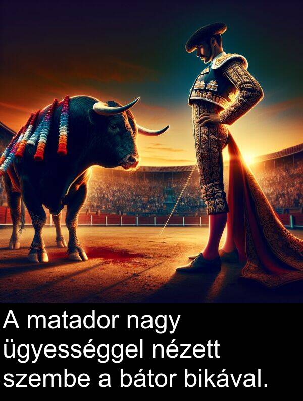 nagy: A matador nagy ügyességgel nézett szembe a bátor bikával.