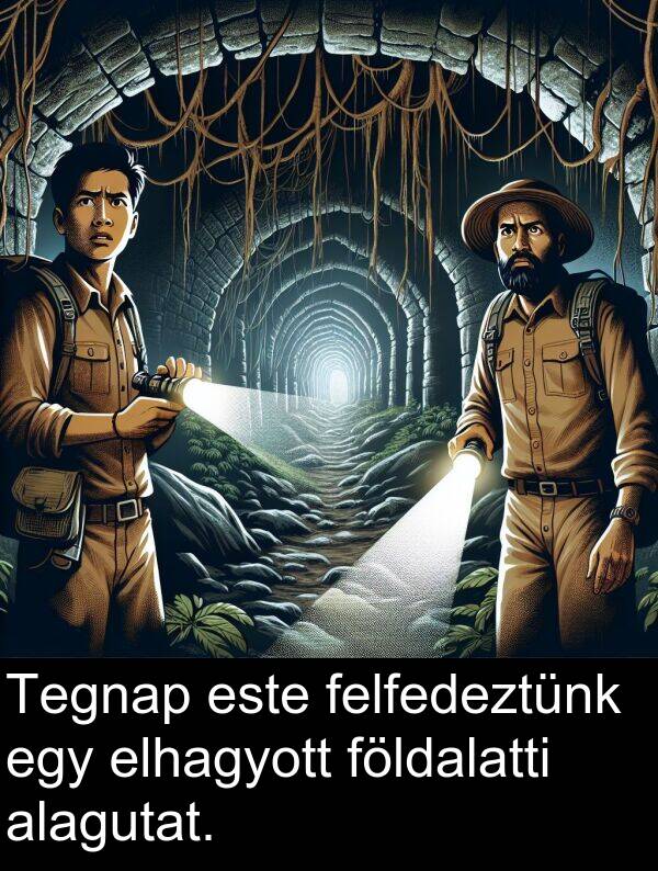 alagutat: Tegnap este felfedeztünk egy elhagyott földalatti alagutat.