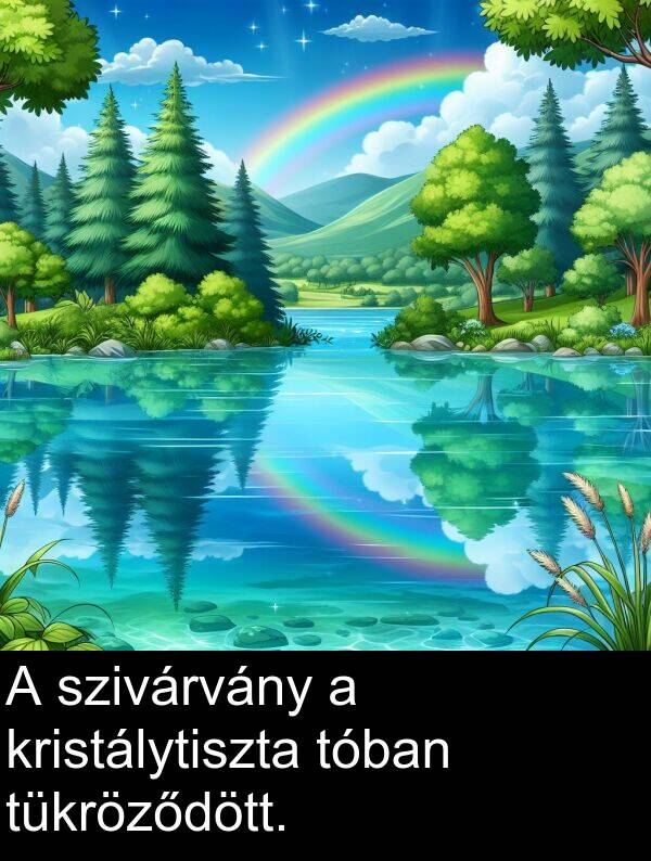szivárvány: A szivárvány a kristálytiszta tóban tükröződött.
