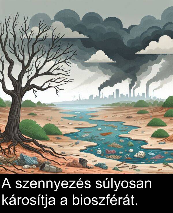 súlyosan: A szennyezés súlyosan károsítja a bioszférát.