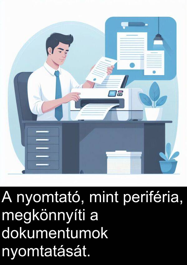 periféria: A nyomtató, mint periféria, megkönnyíti a dokumentumok nyomtatását.