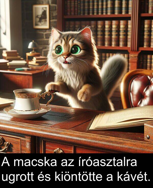 macska: A macska az íróasztalra ugrott és kiöntötte a kávét.