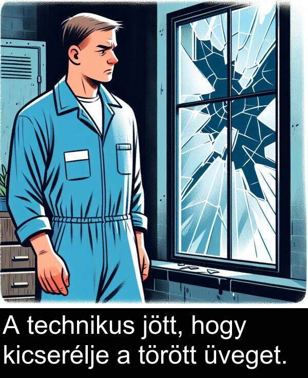 technikus: A technikus jött, hogy kicserélje a törött üveget.