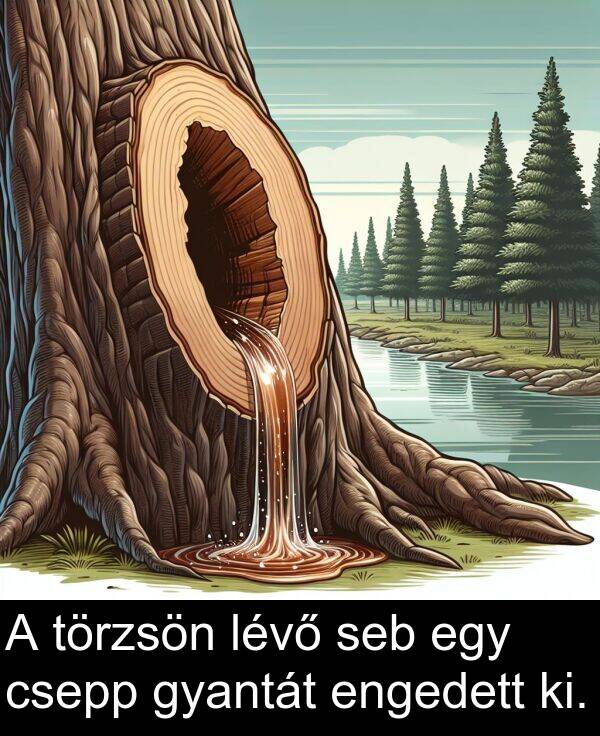 törzsön: A törzsön lévő seb egy csepp gyantát engedett ki.