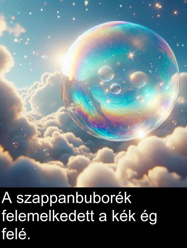 szappanbuborék: A szappanbuborék felemelkedett a kék ég felé.
