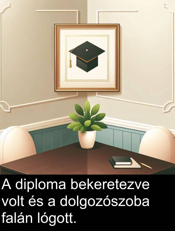 diploma: A diploma bekeretezve volt és a dolgozószoba falán lógott.