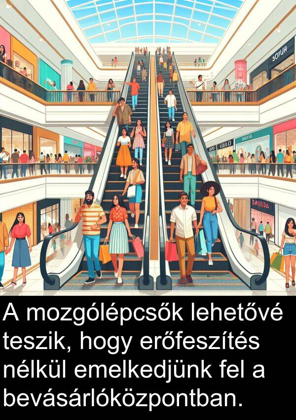 mozgólépcsők: A mozgólépcsők lehetővé teszik, hogy erőfeszítés nélkül emelkedjünk fel a bevásárlóközpontban.