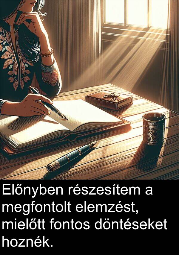 mielőtt: Előnyben részesítem a megfontolt elemzést, mielőtt fontos döntéseket hoznék.