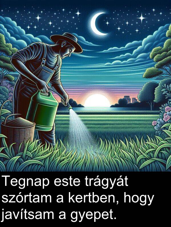 javítsam: Tegnap este trágyát szórtam a kertben, hogy javítsam a gyepet.