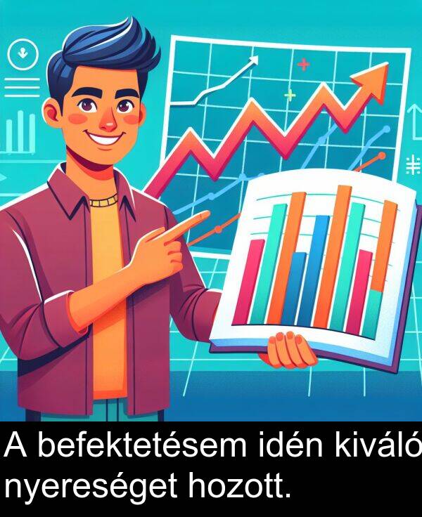 nyereséget: A befektetésem idén kiváló nyereséget hozott.