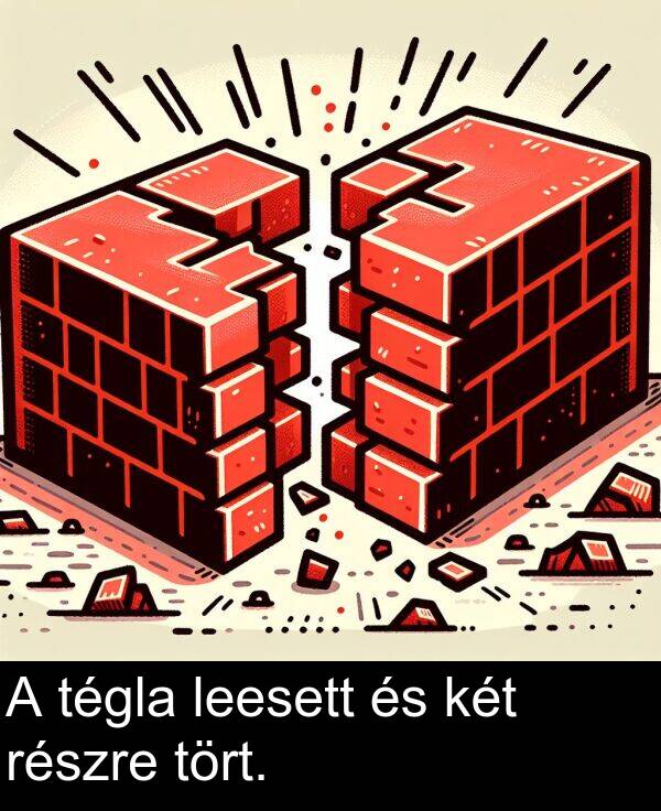részre: A tégla leesett és két részre tört.