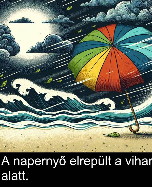 napernyő: A napernyő elrepült a vihar alatt.