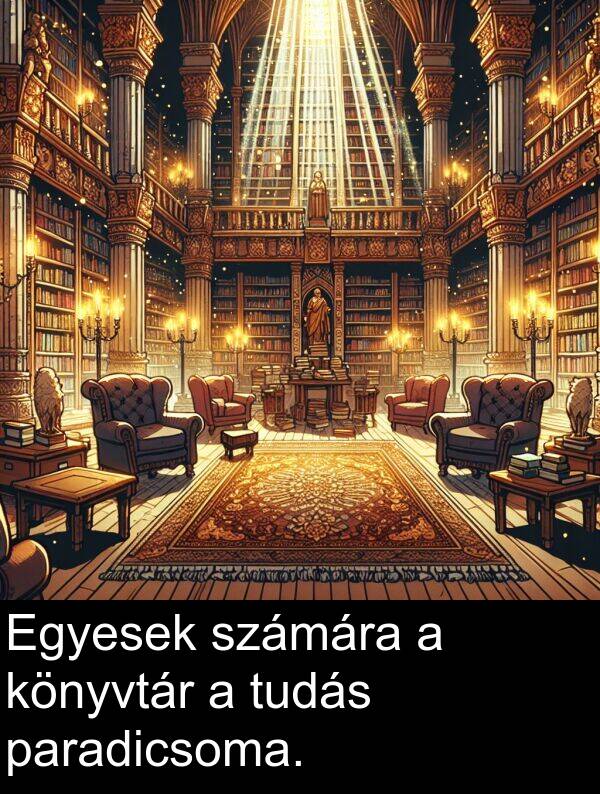 paradicsoma: Egyesek számára a könyvtár a tudás paradicsoma.