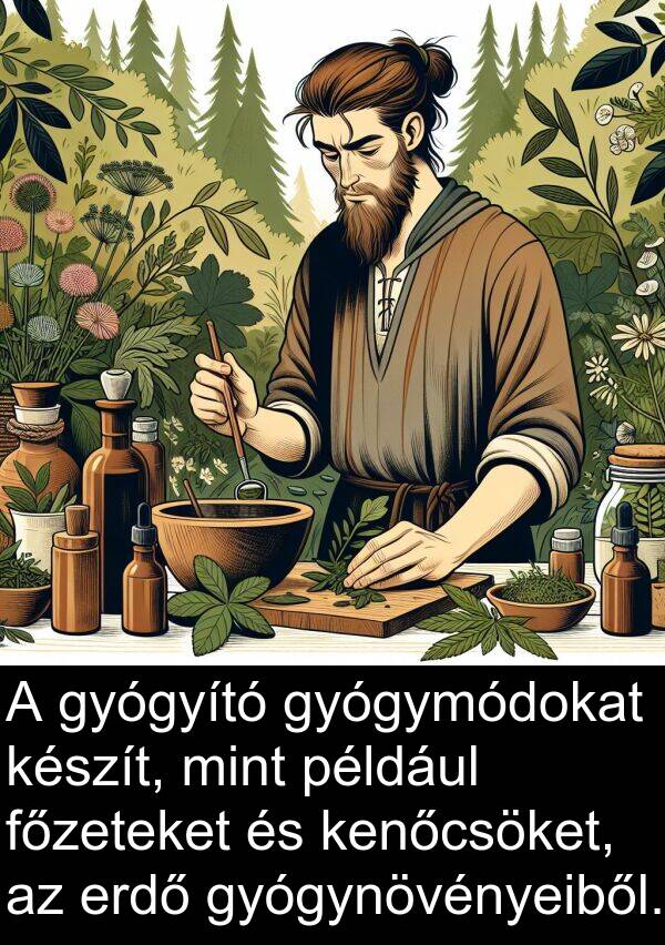 például: A gyógyító gyógymódokat készít, mint például főzeteket és kenőcsöket, az erdő gyógynövényeiből.
