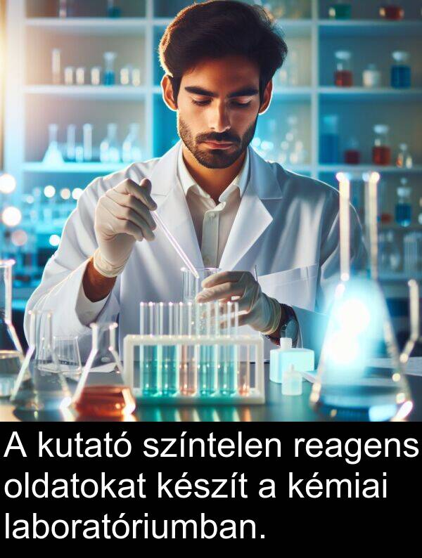 oldatokat: A kutató színtelen reagens oldatokat készít a kémiai laboratóriumban.