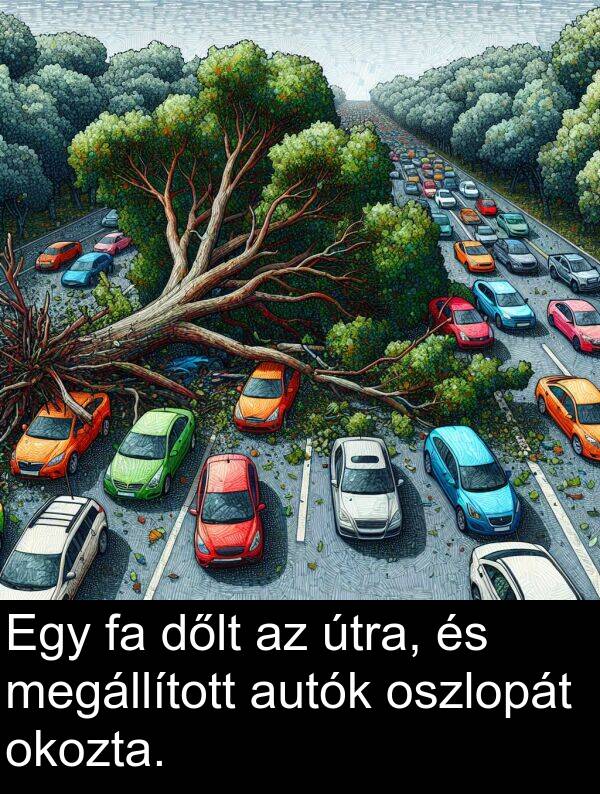 okozta: Egy fa dőlt az útra, és megállított autók oszlopát okozta.