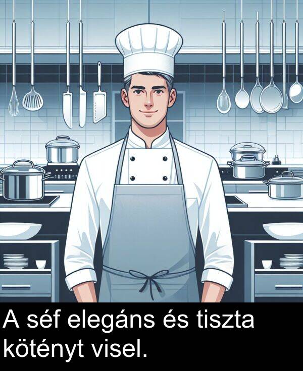 séf: A séf elegáns és tiszta kötényt visel.
