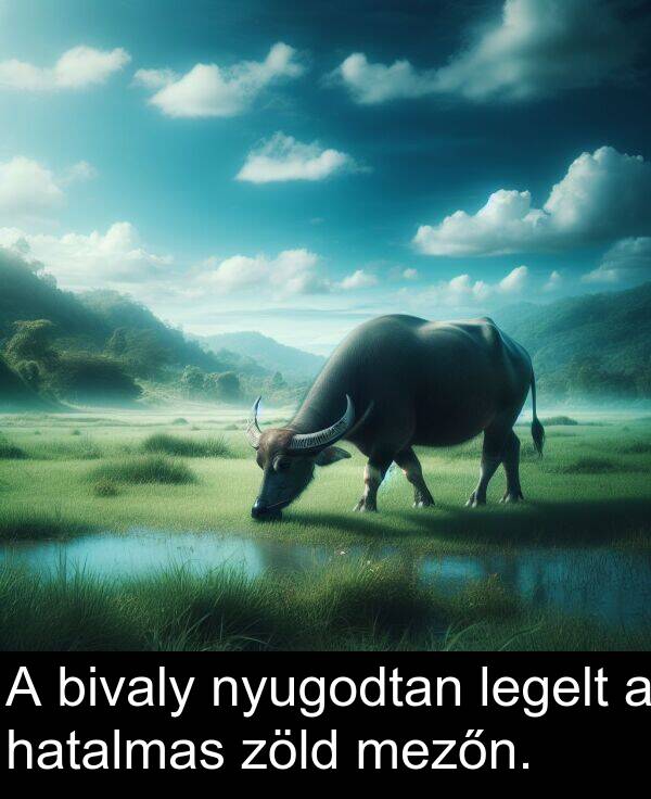zöld: A bivaly nyugodtan legelt a hatalmas zöld mezőn.