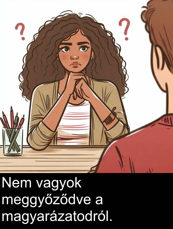 magyarázatodról: Nem vagyok meggyőződve a magyarázatodról.
