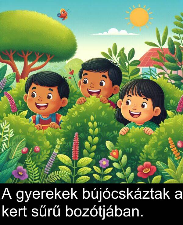 sűrű: A gyerekek bújócskáztak a kert sűrű bozótjában.