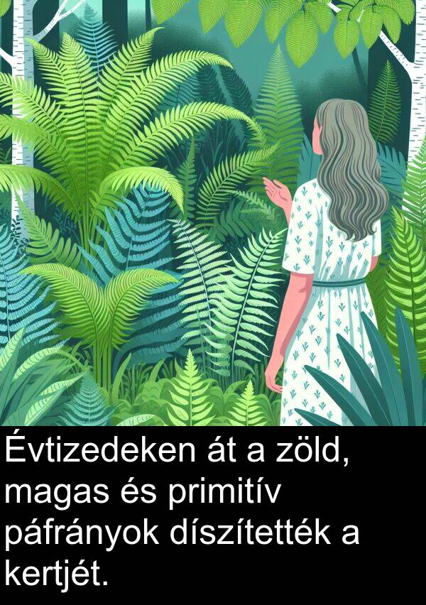 magas: Évtizedeken át a zöld, magas és primitív páfrányok díszítették a kertjét.