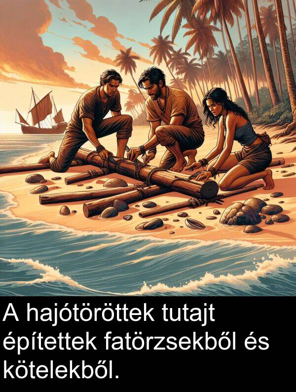 tutajt: A hajótöröttek tutajt építettek fatörzsekből és kötelekből.