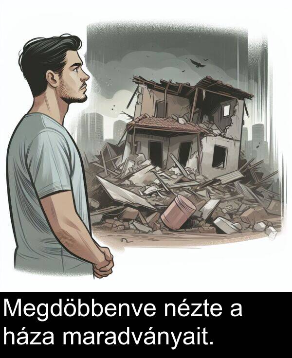 nézte: Megdöbbenve nézte a háza maradványait.