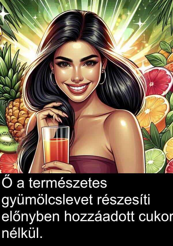 cukor: Ő a természetes gyümölcslevet részesíti előnyben hozzáadott cukor nélkül.