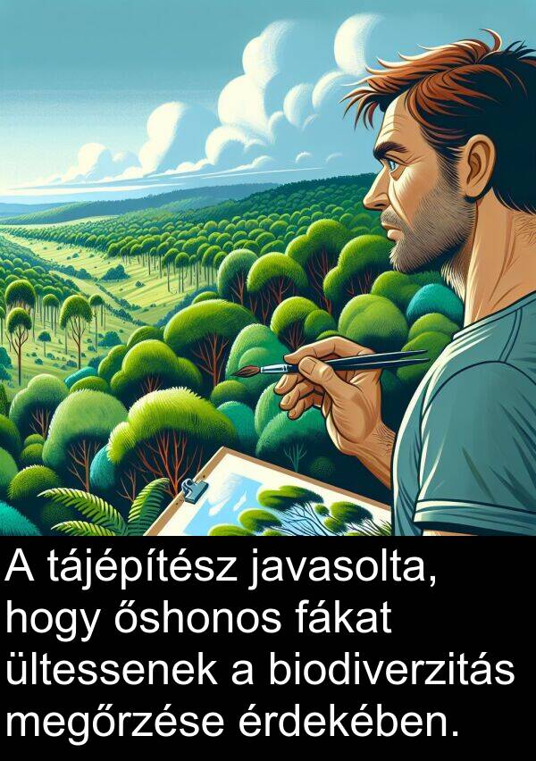 javasolta: A tájépítész javasolta, hogy őshonos fákat ültessenek a biodiverzitás megőrzése érdekében.