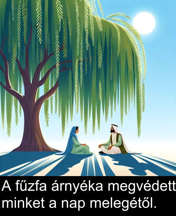 minket: A fűzfa árnyéka megvédett minket a nap melegétől.