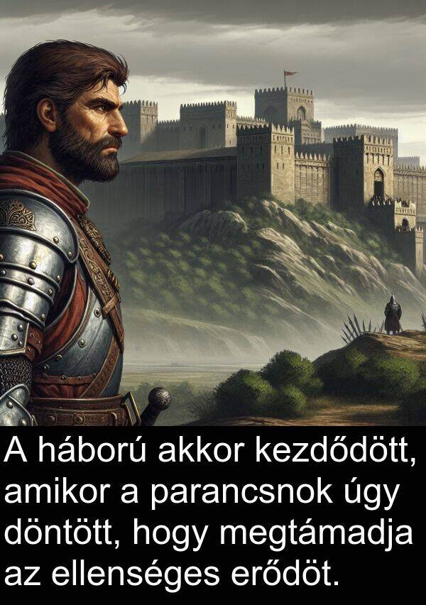 háború: A háború akkor kezdődött, amikor a parancsnok úgy döntött, hogy megtámadja az ellenséges erődöt.