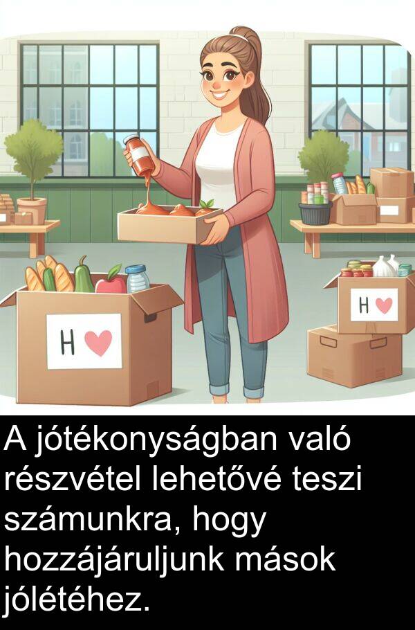 mások: A jótékonyságban való részvétel lehetővé teszi számunkra, hogy hozzájáruljunk mások jólétéhez.
