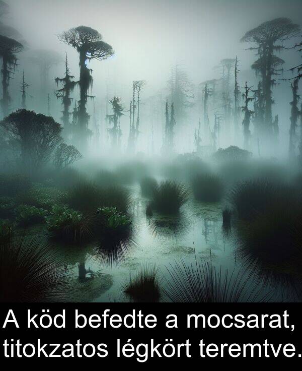 mocsarat: A köd befedte a mocsarat, titokzatos légkört teremtve.