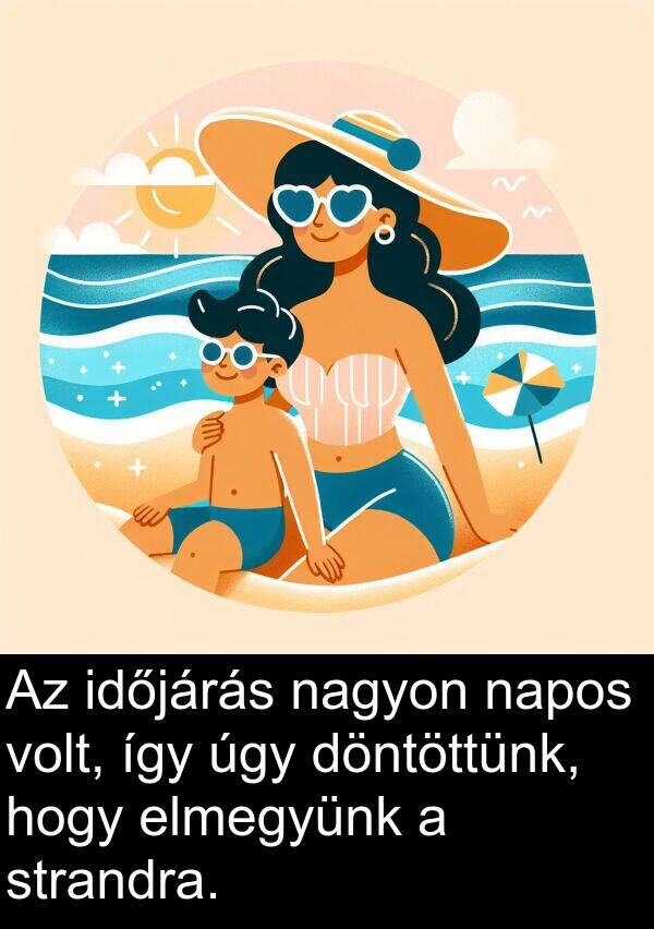 úgy: Az időjárás nagyon napos volt, így úgy döntöttünk, hogy elmegyünk a strandra.