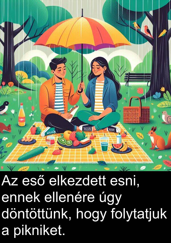 úgy: Az eső elkezdett esni, ennek ellenére úgy döntöttünk, hogy folytatjuk a pikniket.