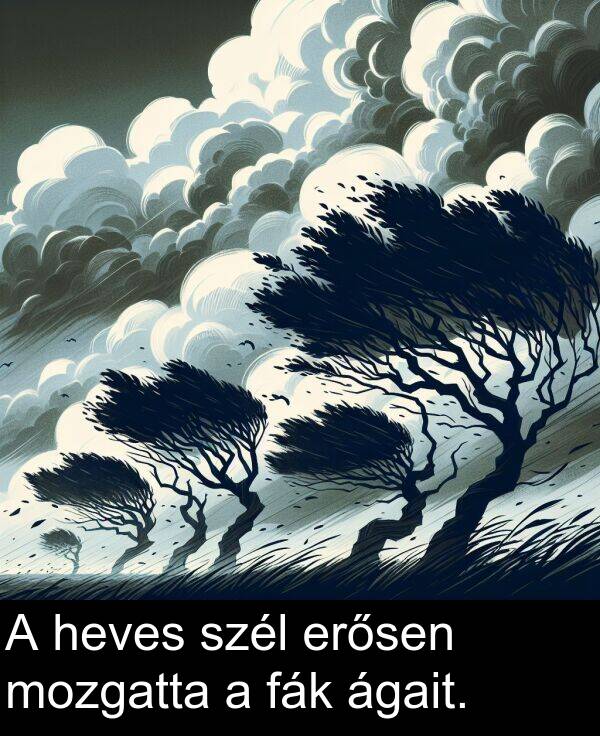 ágait: A heves szél erősen mozgatta a fák ágait.
