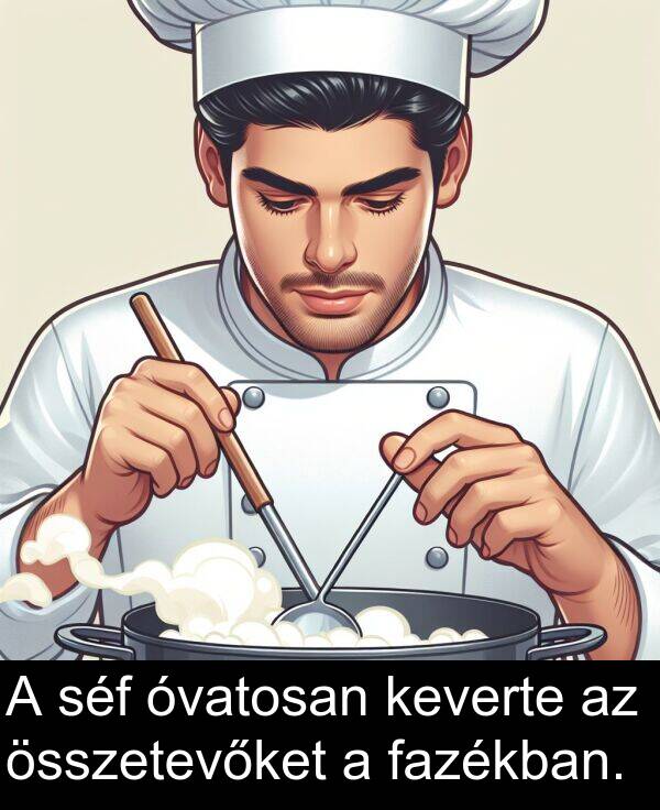 séf: A séf óvatosan keverte az összetevőket a fazékban.