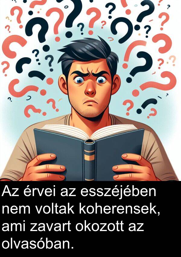 okozott: Az érvei az esszéjében nem voltak koherensek, ami zavart okozott az olvasóban.