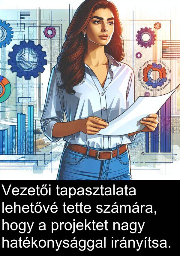 projektet: Vezetői tapasztalata lehetővé tette számára, hogy a projektet nagy hatékonysággal irányítsa.