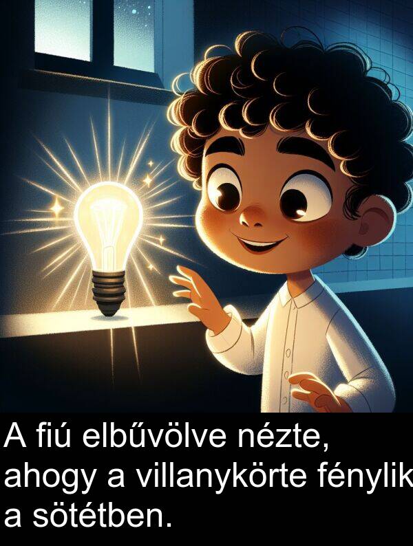 sötétben: A fiú elbűvölve nézte, ahogy a villanykörte fénylik a sötétben.