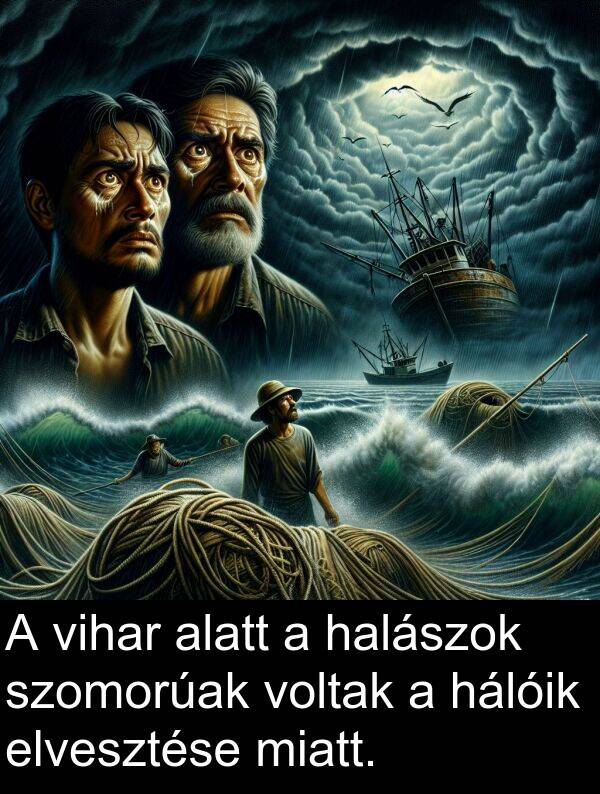 miatt: A vihar alatt a halászok szomorúak voltak a hálóik elvesztése miatt.