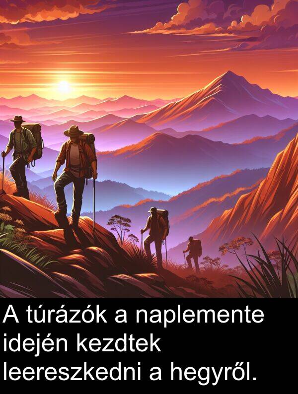 naplemente: A túrázók a naplemente idején kezdtek leereszkedni a hegyről.