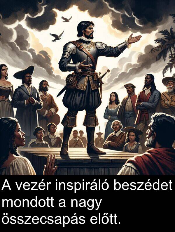 mondott: A vezér inspiráló beszédet mondott a nagy összecsapás előtt.