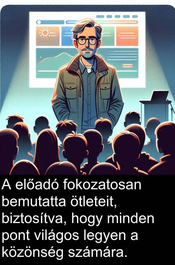 pont: A előadó fokozatosan bemutatta ötleteit, biztosítva, hogy minden pont világos legyen a közönség számára.